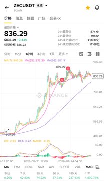 The image displays a Binance price chart for ZEC/USDT (Zcash) showing a recent peak of $871.61 and current price of $836.29, with the trader shorting 20x leverage at entry $822.97 only to watch the price continue climbing higher—illustrating the frustration of being stopped out on a position that ran against expectations.