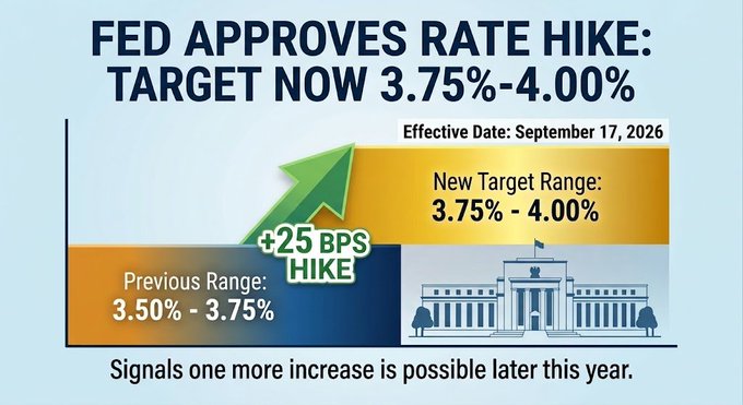 An infographic titled 'FED APPROVES RATE HIKE: TARGET NOW 3.75%-4.00%' with an effective date of September 17, 2026, illustrates a +25 BPS hike from the previous range of 3.50% - 3.75%, noting 'Signals one more increase is possible later this year.'