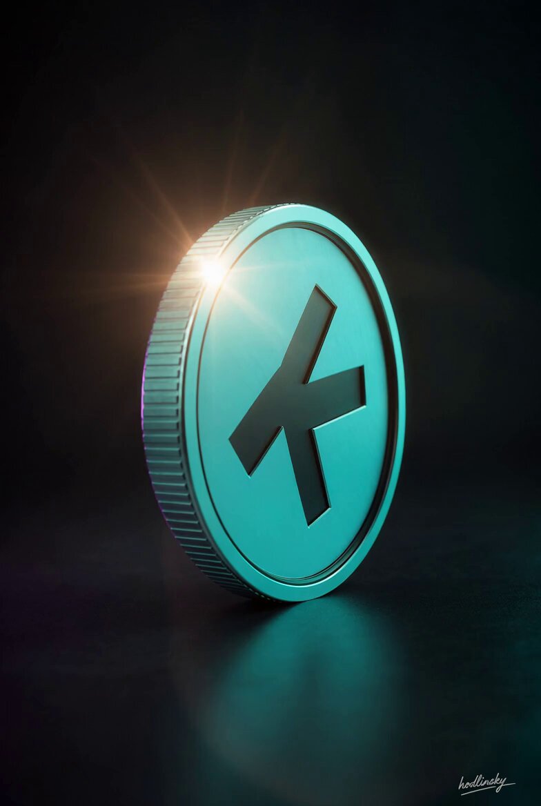 The image features a coin with a "K" symbol, which could be interpreted as a "KAS" or "Kashqai" logo depending on the viewer's perspective. The coin has a blue color and is placed against a black background. There are no texts present in the image, so it does not provide any information about the value of the coin or its relation to the post.