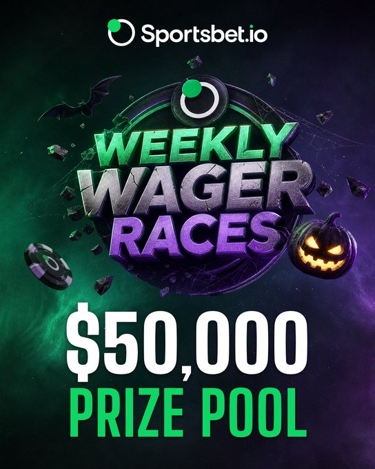 A Halloween-themed promotional graphic for 'Sportsbet.io' announces 'WEEKLY WAGER RACES' with a massive '$50,000 PRIZE POOL,' decorated with a jack-o'-lantern, bats, and green and purple cosmic backgrounds.