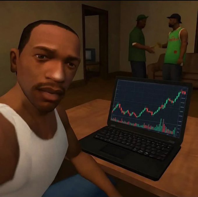 A 3D animated scene showing a young man in a white tank top taking a selfie in front of a laptop displaying a stock chart, with two other men conversing in the background.