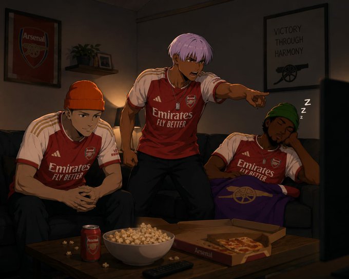 Three animated figures in red and white Arsenal "Emirates Fly Better" jerseys watch TV together in a dimly lit room, with one pointing eagerly at the screen, another sleeping, and a third watching calmly, surrounded by Arsenal memorabilia including a framed "Victory Through Harmony" cannon poster, a bowl of popcorn, pizza, and a soda can.

The image illustrates the post's metaphor by showing dedicated Arsenal fans invested in the club's journey through every competition, mirroring the loyal supporters of Injective who stayed engaged throughout the season despite not winning every trophy.