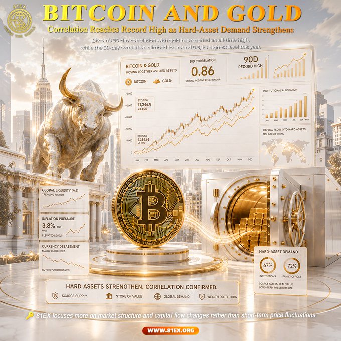 A financial infographic from 81EX titled "BITCOIN AND GOLD: Correlation Reaches Record High as Hard-Asset Demand Strengthens" features a golden bull statue, a Bitcoin coin, and a vault, displaying key data points including a 0.86 correlation, Bitcoin at $71,246.8 (+3.65%), and gold at $2,384.65 (+2.10%), along with metrics on hard-asset demand (67% institutions, 72% family offices) and global liquidity trends.

The image visually reinforces the post's message by illustrating the strong positive correlation between Bitcoin and gold as both are increasingly viewed as hard assets amid economic uncertainty, with the 90D record high callout directly matching the article's claim.