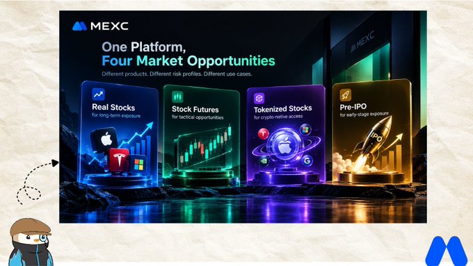 A MEXC exchange advertisement promoting 'One Platform, Four Market Opportunities' including Real Stocks, Stock Futures, Tokenized Stocks, and Pre-IPO offerings.