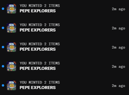 The image shows a list of items, including "pepe explorers", which are minted by a player named @0xAlphaGEMs. The player has won 2 games with these items, and they have minted another 4 items for someone else. The post is titled "you minted 2 items pepe explorers another win with @0xAlphaGEMs one thing i've learned is that good communities don'nt guarantee profit... but they definitely put you in the best position to catch opportunities".