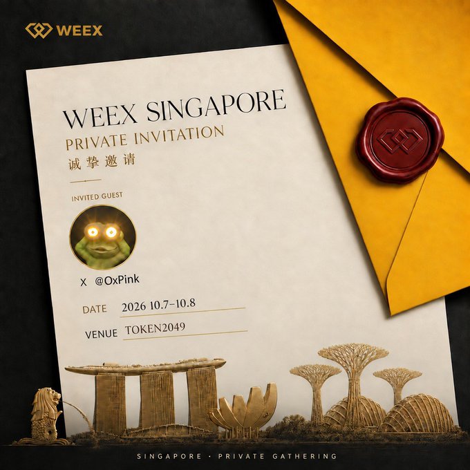 A WEEX Singapore Private Invitation featuring 'X @OxPink' as the invited guest, dated 2026.10.7-10.8 at venue TOKEN2049, with a yellow envelope and red wax seal alongside miniature Singapore landmarks like Marina Bay Sands and Gardens by the Bay.