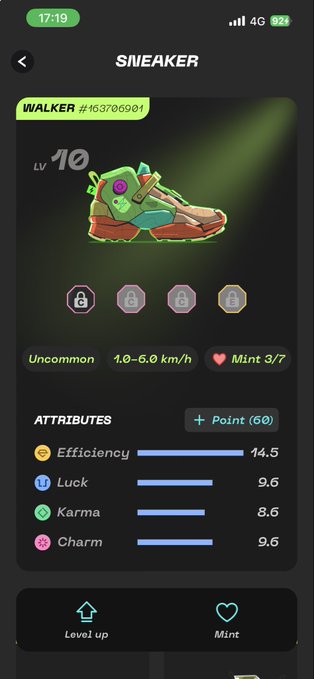 A mobile game screen showing a level 10 "WALKER" sneaker (#153706901) with Uncommon rarity, a 1.0-6.0 km/h speed range, 3/7 Mint capacity, and attributes including Efficiency 14.5, Luck 9.6, Karma 8.6, and Charm 9.6. The image reflects the user's STEPN post as it displays their purchased sneaker NFT within the STEPN move-to-earn game interface.