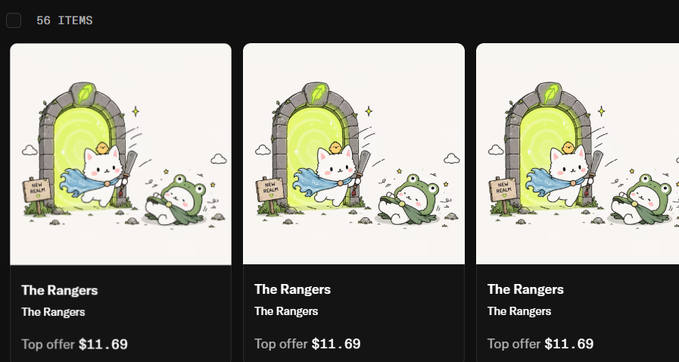 Three identical NFT listings titled 'The Rangers' featuring a cartoon cat and frog characters, each showing a top offer of $11.69, with a total of 56 items.