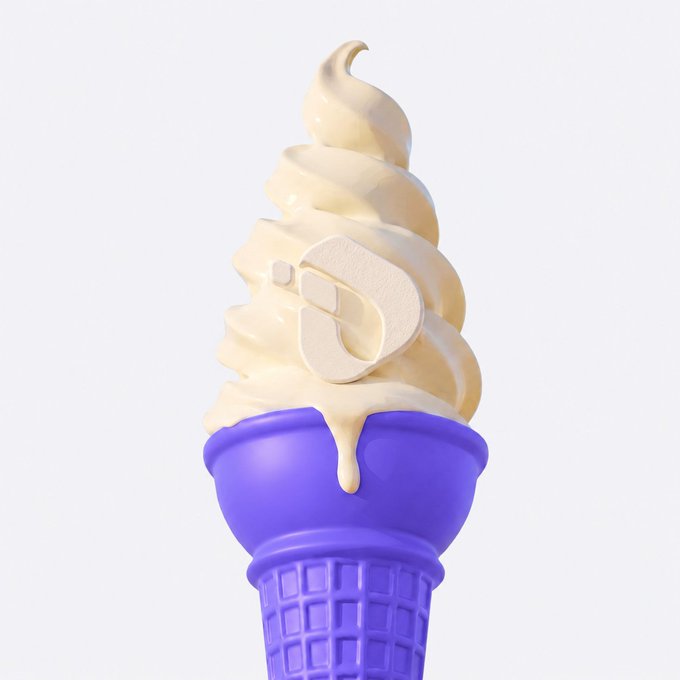 A 3D rendered soft-serve ice cream in a purple cone with a stylized logo embedded in the vanilla swirl.