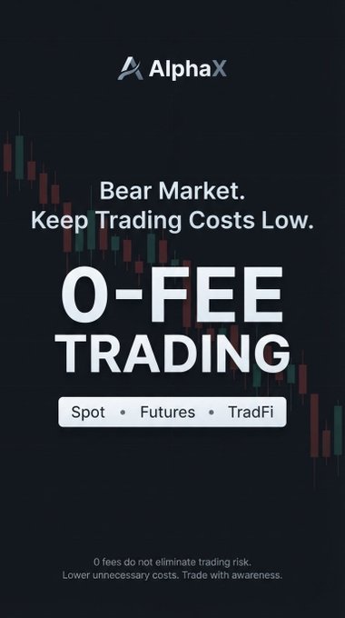 An advertisement for AlphaX featuring '0-FEE TRADING' with the tagline 'Bear Market. Keep Trading Costs Low.' across Spot, Futures, and TradFi.