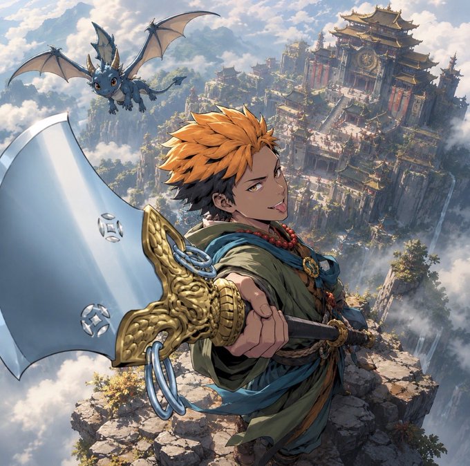 Anime-style illustration of an orange-haired character holding a large ornate axe, accompanied by a small blue dragon, set against a fantasy landscape featuring an elaborate Asian-style temple complex in the sky.