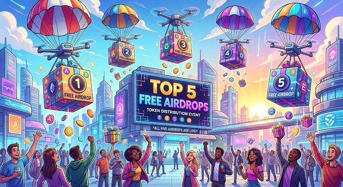 A vibrant digital illustration depicts a futuristic cityscape where drones deliver colorful parachute-borne gift boxes labeled with numbers 1 through 5, each marked "FREE AIRDROP," while a central billboard displays "TOP 5 FREE AIRDROPS TOKEN DISTRIBUTION EVENT" as excited crowds gather below catching the drops. The image visually reinforces the post's message by showcasing five prominently numbered airdrop opportunities being delivered to eager participants, emphasizing the abundance of free token distribution opportunities highlighted in the caption.