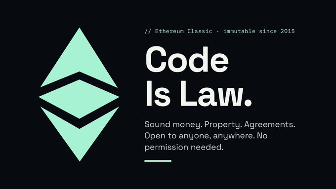 A promotional graphic featuring the Ethereum Classic logo with the tagline 'Code Is Law.' and text reading 'Ethereum Classic · immutable since 2015' along with 'Sound money. Property. Agreements. Open to anyone, anywhere. No permission needed.'