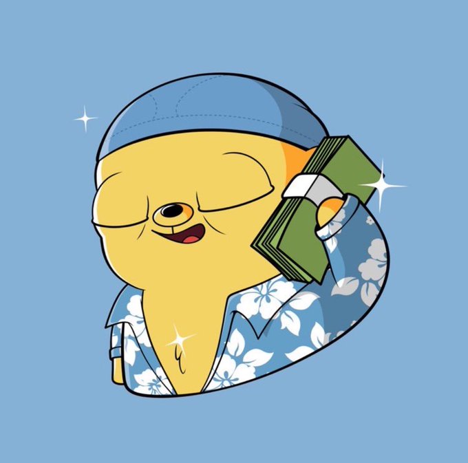 A cartoon illustration of a yellow character wearing a blue cap and a Hawaiian shirt, holding a stack of green money with a smug expression against a blue background.