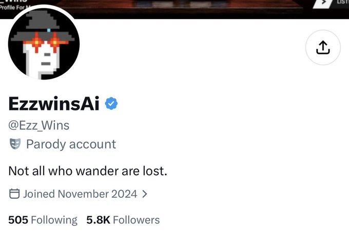 A Twitter/X profile for "EzzwinsAi" (@Ezz_Wins), labeled as a Parody account with 5.8K followers and 505 following, joined November 2024. The image directly illustrates the post's accusation by showing the "Drunk hillbilly 'Ezz'" account being called out for allegedly botting Twitter Spaces to deceive the public.
