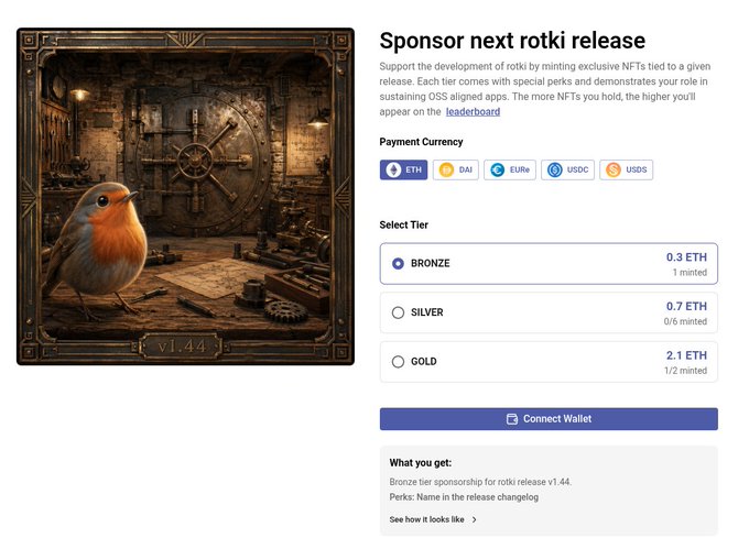 A website screenshot titled 'Sponsor next rotki release' showing sponsorship tiers (Bronze 0.3 ETH, Silver 0.7 ETH, Gold 2.1 ETH) with payment options including ETH, DAI, EURt, USDC, and USDs, alongside artwork of a robin in a steampunk-style vault.