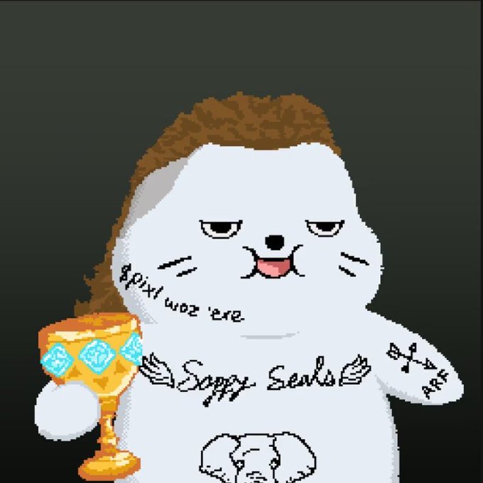 The image features a cartoon cat with tattoos, holding a gold wine glass. The cat has a tattoo of "Sappy Seals" written on its chest. The background is black, which contrasts with the white fur of the cat. The text in the image reads, "I'VE BEEN RESEARCHING MONAD, AND I'M IMPressed BY THE ECONOMIC AND ETHICAL SIGNIFICANCE OF THEIR PARALLEL EVM EXECUTION DESIGN."