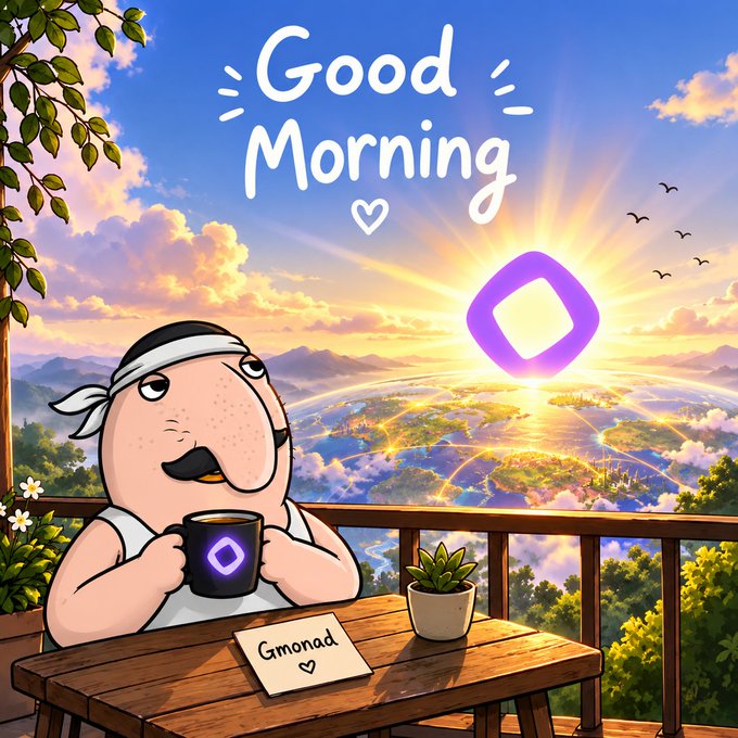 A cheerful cartoon illustration of a man with a mustache holding a purple Diamond (DYM) branded mug, with a 'Good Morning' message and 'Gmonad' note on the table, set against a scenic sunrise background.