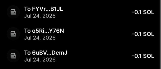 The image shows three Solana transactions of 0.1 SOL each sent on Jul 24, 2026 to recipients identified by truncated wallet addresses (FYVr...B1JL, o5Ri...Y76N, and 6uBV...DemJ), corresponding to the giveaway winners mentioned in the post: @airoh_27, @sambab07, and @Damilare551799.