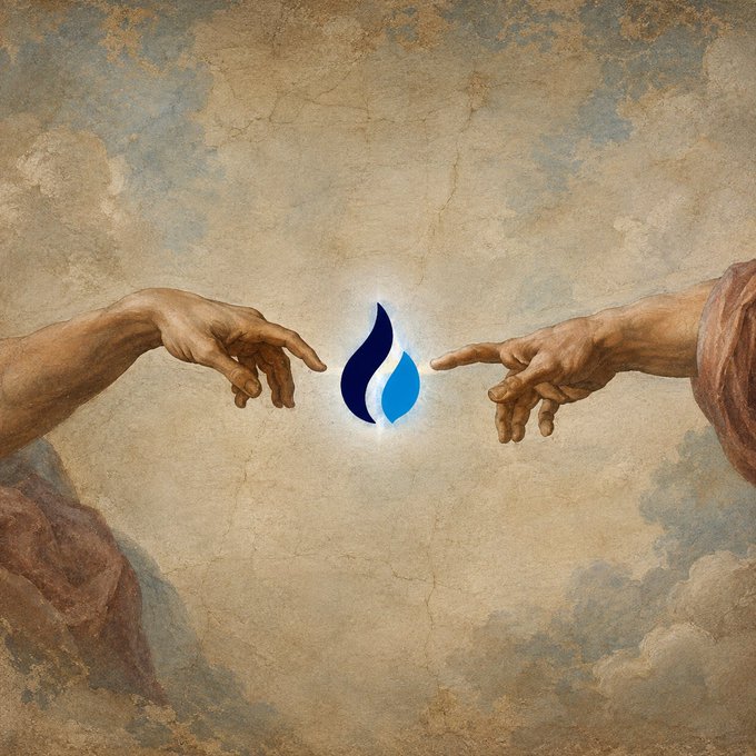 A digital recreation of Michelangelo's 'Creation of Adam' painting, where the two hands are reaching toward each other to touch a glowing blue water drop logo instead of fingers.