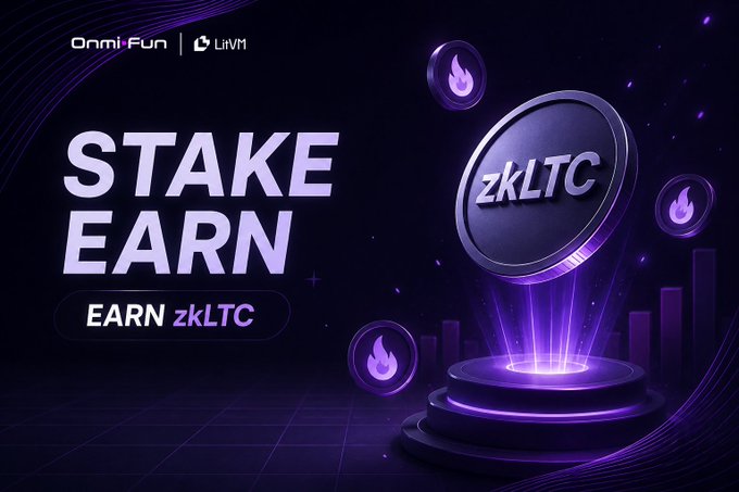 A promotional banner featuring Omni Fun and LIVM logos with the text 'STAKE EARN' and 'EARN zkLTC' next to a glowing purple zkLTC coin on a pedestal.