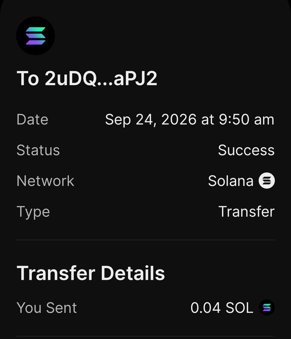 A Solana blockchain transaction confirmation showing a successful transfer of 0.04 SOL sent to address 2uDQ...aPJ2 on September 24, 2026.