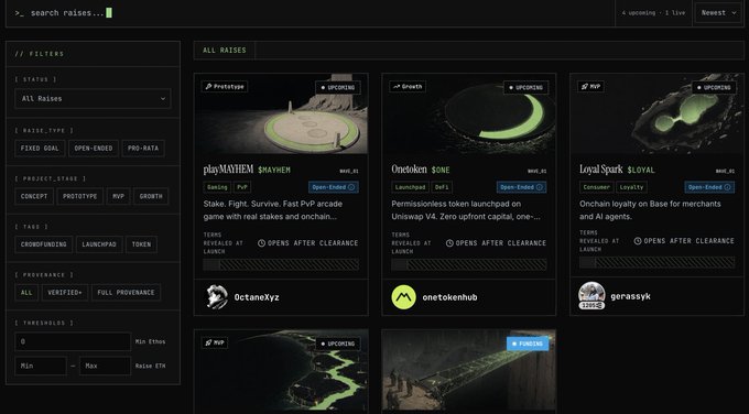 A dark-themed dashboard for "search raises..." on Vibes Starter displays upcoming Wave 1 token launches, including playMAYHEM (a PvP arcade game), OneToken (a permissionless token launchpad on Uniswap V4), and Loyal Spark (onchain loyalty for merchants), all marked "OPEN-ENDED" and released at the same clearance time, matching the post's highlights of diverse solo-founder, vibecoded projects.