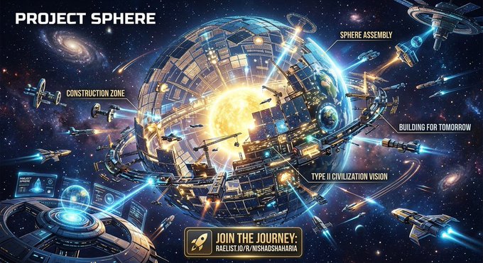 A sci-fi promotional poster titled 'PROJECT SPHERE' depicting a massive space station being assembled around a star, featuring text 'CONSTRUCTION ZONE', 'SPHERE ASSEMBLY', 'BUILDING FOR TOMORROW', and 'TYPE II CIVILIZATION VISION'.