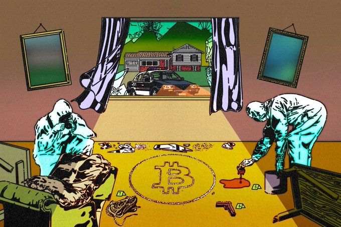 The image depicts a crime scene with evidence markers and a Bitcoin symbol drawn on the floor, suggesting a connection to cryptocurrency. In the background, a police car is visible through a broken window, alluding to the high-speed chase mentioned in the post.