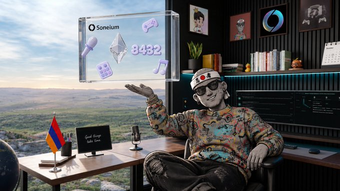 A stylized digital artwork featuring a man in a patterned sweatshirt and headband sitting at a desk, gesturing toward a floating holographic display showing the Soneium logo, a diamond, and the number 3432.