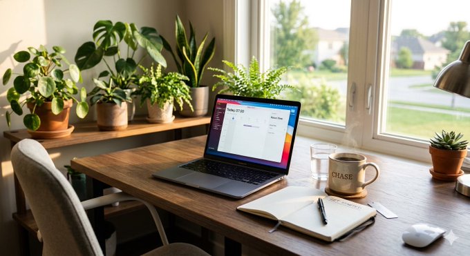 The image shows a wooden desk with an open laptop, a notebook, a pen, and a cup of coffee placed on top of it. The desk also has several potted plants surrounding it, adding a touch of greenery to the scene. A window can be seen in the background, providing natural light for the workspace. The image is related to a post that talks about the importance of focusing on what's relevant and not getting distracted by other things. This message seems to resonate with the serene atmosphere created by the plants and the calm environment provided by the open laptop and notebook.