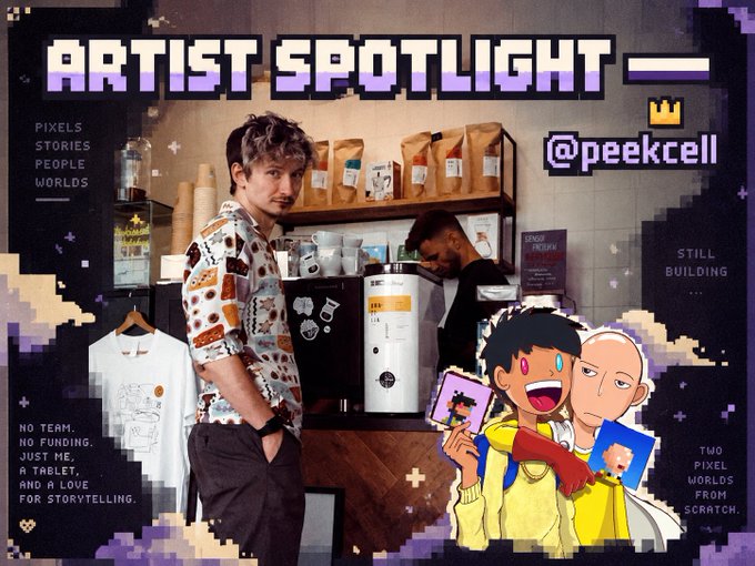 An "ARTIST SPOTLIGHT" feature graphic with pixel-art styling highlighting @peekcell, showing a young man in a patterned shirt standing in a coffee shop alongside an anime-style illustration of two characters, with text including "PIXELS STORIES PEOPLE WORLDS," "STILL BUILDING," "NO TEAM. NO FUNDING. JUST ME, A TABLET, AND A LOVE FOR STORYTELLING," and "TWO PIXEL WORLDS FROM SCRATCH."