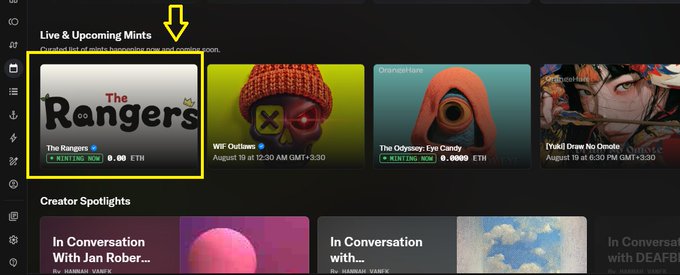 The image shows the OpenSea "Live & Upcoming Mints" homepage with "The Rangers" NFT collection highlighted and marked as "MINTING NOW" at 0.00 ETH, confirming the project's featured placement on the platform's homepage as described in the post.