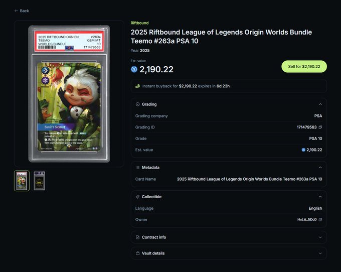 A digital collectible marketplace listing for a '2025 Riftbound League of Legends Origin Worlds Bundle Teemo #263a PSA 10' card valued at 2,190.22.