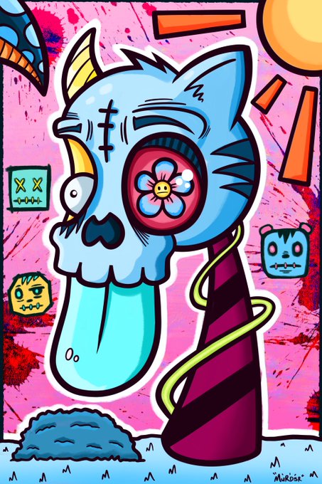 A vibrant cartoon illustration by 'Murase' depicts a surreal blue creature with a flower eye, stitched face, and spiral-striped body against a pink background with scattered geometric shapes.