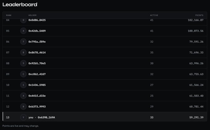 A crypto leaderboard showing ranked holders with addresses, active numbers, and points, with rank 13 highlighted as 'you'.