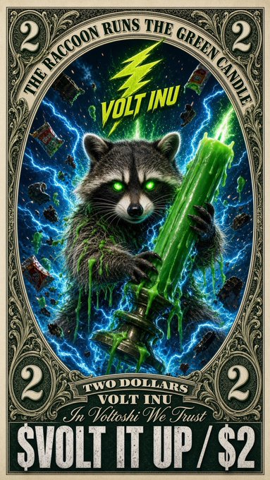 A tarot-card-style illustration featuring a raccoon with glowing green eyes holding a dripping green candle. The card is decorated with 'VOLT INU' branding, a green lightning bolt, and text reading 'THE RACCOON RUNS THE GREENER CANDLE', 'TWO DOLLARS', 'In Voltoshi We Trust', and '$VOLT IT UP / $2'.