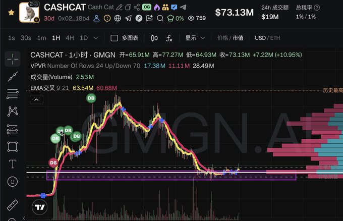 A GMGN.AI trading chart displays CASHCAT with a current price of $73.13M, showing a 10.95% gain to $73.13M on the 1-hour timeframe, with technical indicators including EMA crosses at 63.54M/60.69M and visible "DB" and "DS" markers suggesting recent buy/sell signals amid consolidation at the chart's lower range. The chart supports the post's claim of the token picking up volume after bottom consolidation, with visible volume bars increasing near the recent price action.