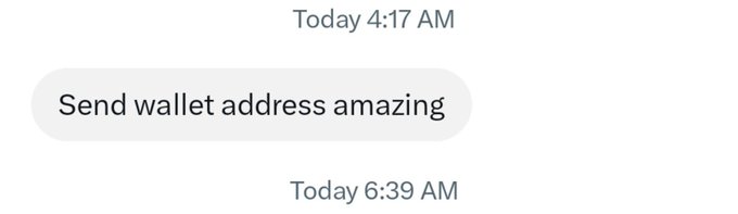 A messaging screenshot showing two messages: "Send wallet address amazing" at 4:17 AM and "Today 6:39 AM" with no message visible.