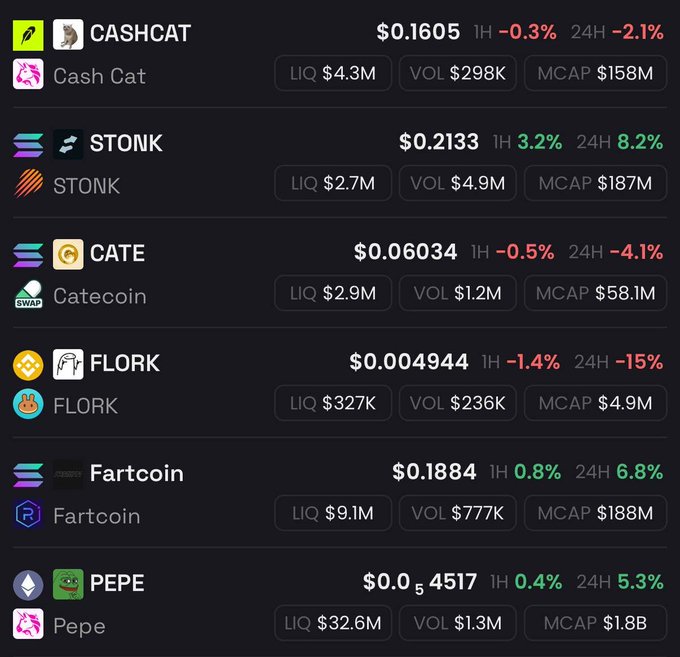 A cryptocurrency tracking dashboard displays meme coins including CASHCAT ($0.1605, -2.1%), STONK ($0.2133, +8.2%), CATE ($0.06034, -4.1%), FLORK ($0.004944, -15%), Fartcoin ($0.1884, +6.8%), and PEPE ($0.00004517, +5.3%) with liquidity, volume, and market cap data.