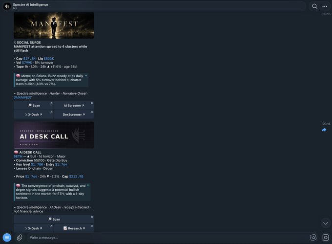 The image shows a Telegram chat with "Spectre AI Intelligence" bot displaying real-time crypto market alerts, including a MANIFEST coin update showing market cap at $37.3M, liquidity $833K, and 24h turnover at $7.9M, along with an "AI DESK CALL" featuring SOL/USDT pair details. The bot's interface showcases its alert and notification capabilities for cryptocurrency trading signals, directly illustrating the Spectre Intel Desk's Telegram alert system mentioned in the accompanying post.