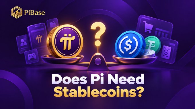 A promotional graphic for PiBase titled "Does Pi Need Stablecoins?" featuring a balance scale weighing Pi Network's logo coin against a USDC stablecoin coin, with background icons representing shopping, gaming, and commerce—visually framing the debate over whether stablecoins should complement or replace PI for real-world payments.
