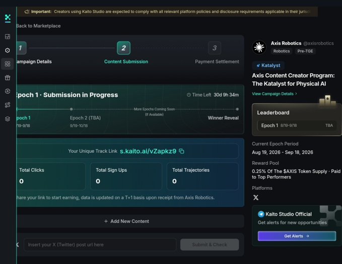 A screenshot of the Kaito Studio platform displays the 'Axis Content Creator Program' for Axis Robotics ($AXIS), showing a content submission in progress with zero clicks, sign-ups, and trajectories.