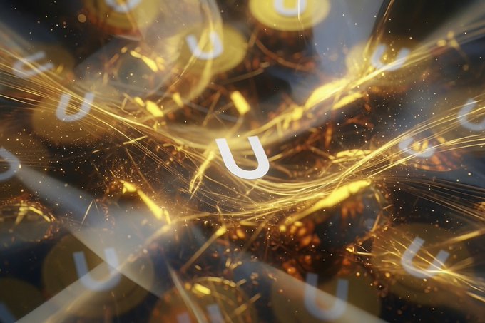 Abstract digital artwork featuring glowing golden fibers and floating translucent "U" letter logos against a dark, sparkly background.