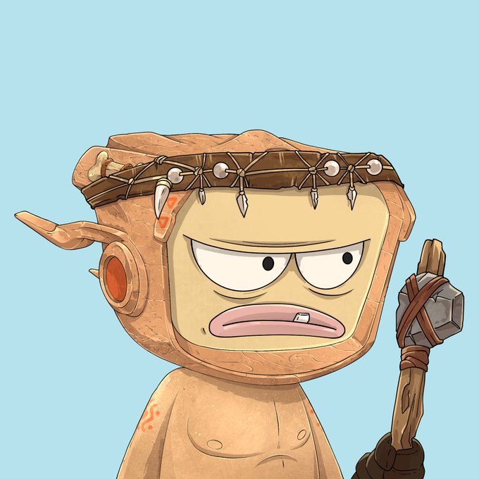 A stone-like cartoon character with a tribal headband featuring bone ornaments and holding a primitive club, wearing a grumpy expression against a light blue background, fitting the rugged NFT "Era" theme mentioned in the post about @OriginalBlokyz's reveal.