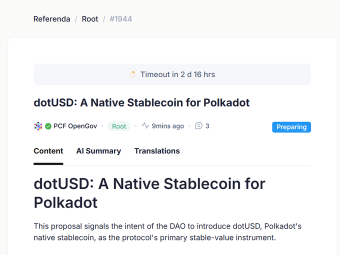 A screenshot of a Polkadot governance proposal titled 'dotUSD: A Native Stablecoin for Polkadot' by PCF OpenGov, with a status of 'Preparing' and a timeout in 2 days and 16 hours.
