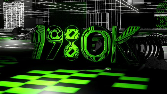 A 3D digital rendering featuring the number '1980' in a green neon, circuit-board style font against a retro, grid-based background with a checkered floor.