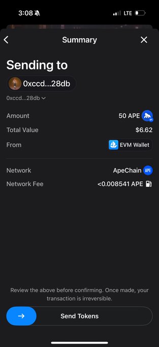 A mobile wallet summary screen showing a token transfer of 50 APE ($6.62) to address 0xccd...28db via EVM Wallet on the ApeChain network, with a 'Send Tokens' button at the bottom.
