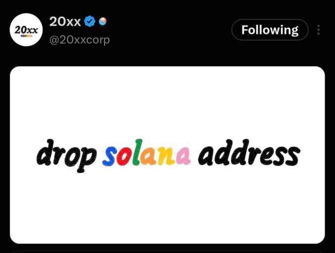 A screenshot of an X (formerly Twitter) post from the account '20xx' (@20xxcorp) featuring the text 'drop solana address' with 'solana' written in colorful letters.
