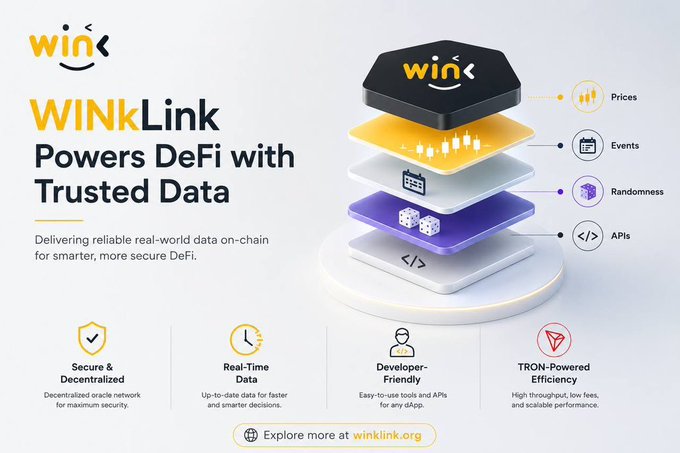 A promotional graphic for WINkLink, a TRON-powered oracle solution, stating 'WINkLink Powers DeFi with Trusted Data' by delivering reliable real-world data on-chain, highlighting features including Secure & Decentralized, Real-Time Data, Developer-Friendly, and TRON-Powered Efficiency, directing users to winklink.org.